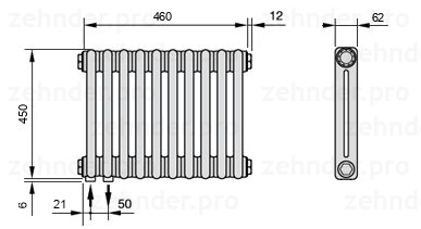 Схема (чертеж) Радиатор Zehnder Charleston 2045/10 №3370 Белый глянцевый RAL 9016